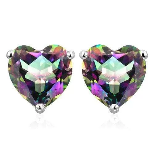 10K Solid White Gold Heart shape 6MM MYSTIC GEMSTONE Earring Studs