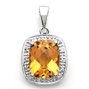 14k White Gold Cushion-Cut Citrine and Diamond Pendant