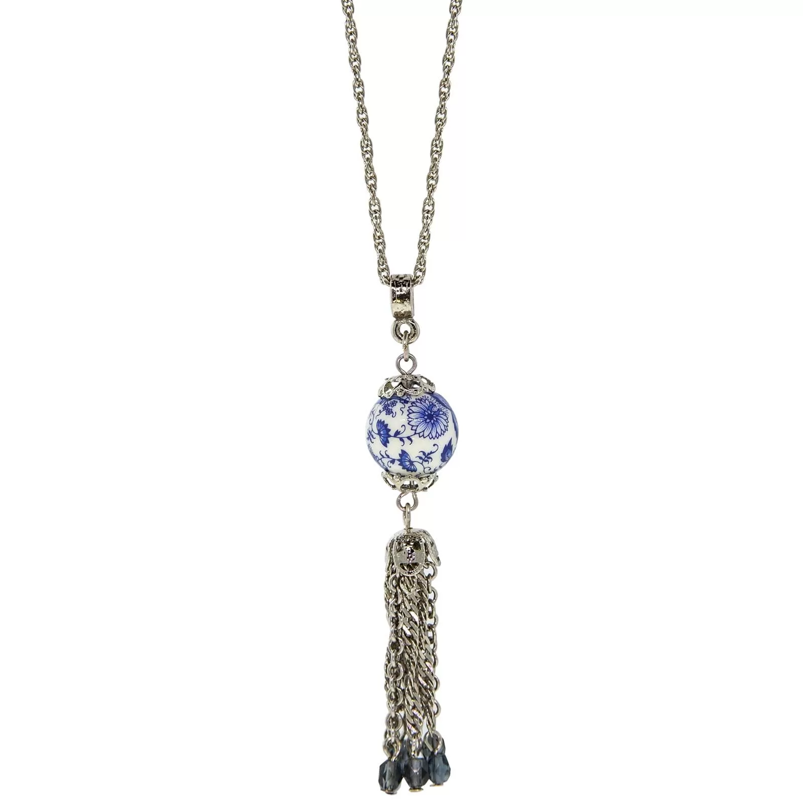 1928 Jewelry Blue Willow Round Bead With Tassel Drop Necklace 16"   3" Extender