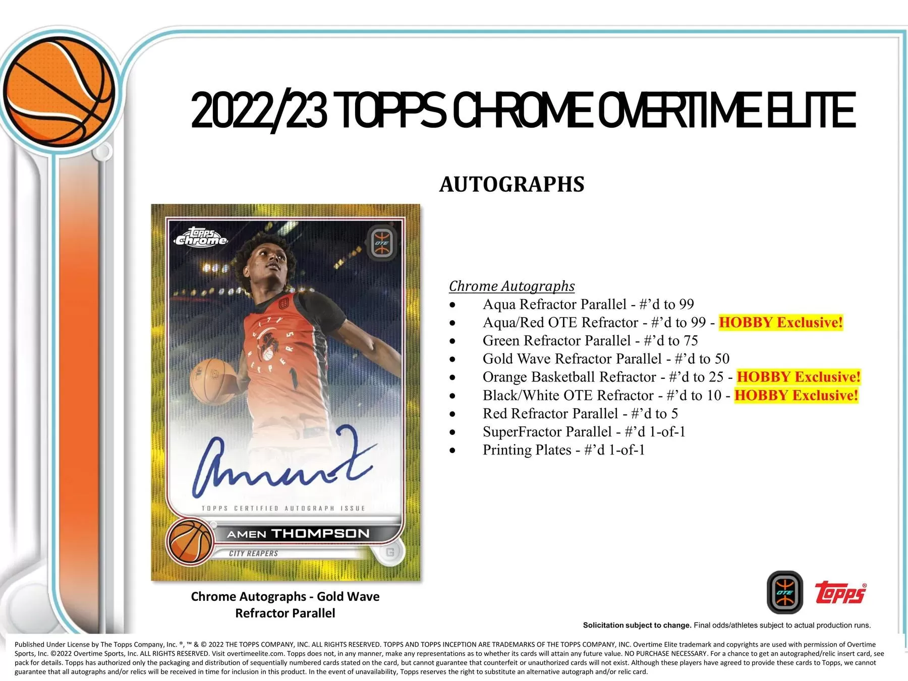 2022/23 Topps Chrome Overtime Elite Basketball Hobby Box 20 Packs per Box, 4 Cards per Pack