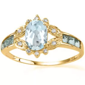 4/5 CT GENUINE AQUAMARINE & DIAMOND 10KT SOLID GOLD RING