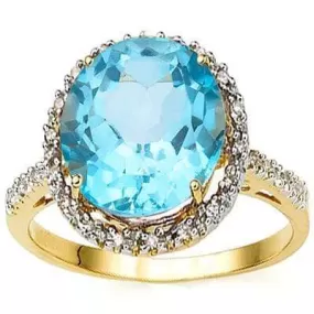 6.31 CT BABY SWISS BLUE TOPAZ & 1/5 CT DIAMOND (VS) 14KT SOLID YELLOW GOLD RING