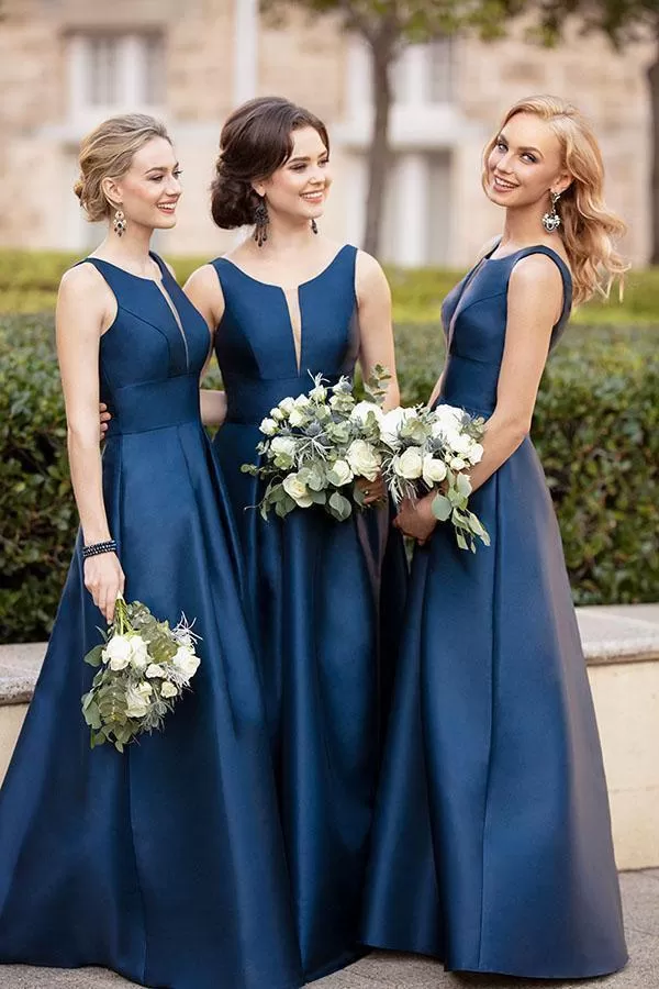 A Line Dark Navy Scoop Sleeveless Long Prom Dresses Simple Bridesmaid Dresses