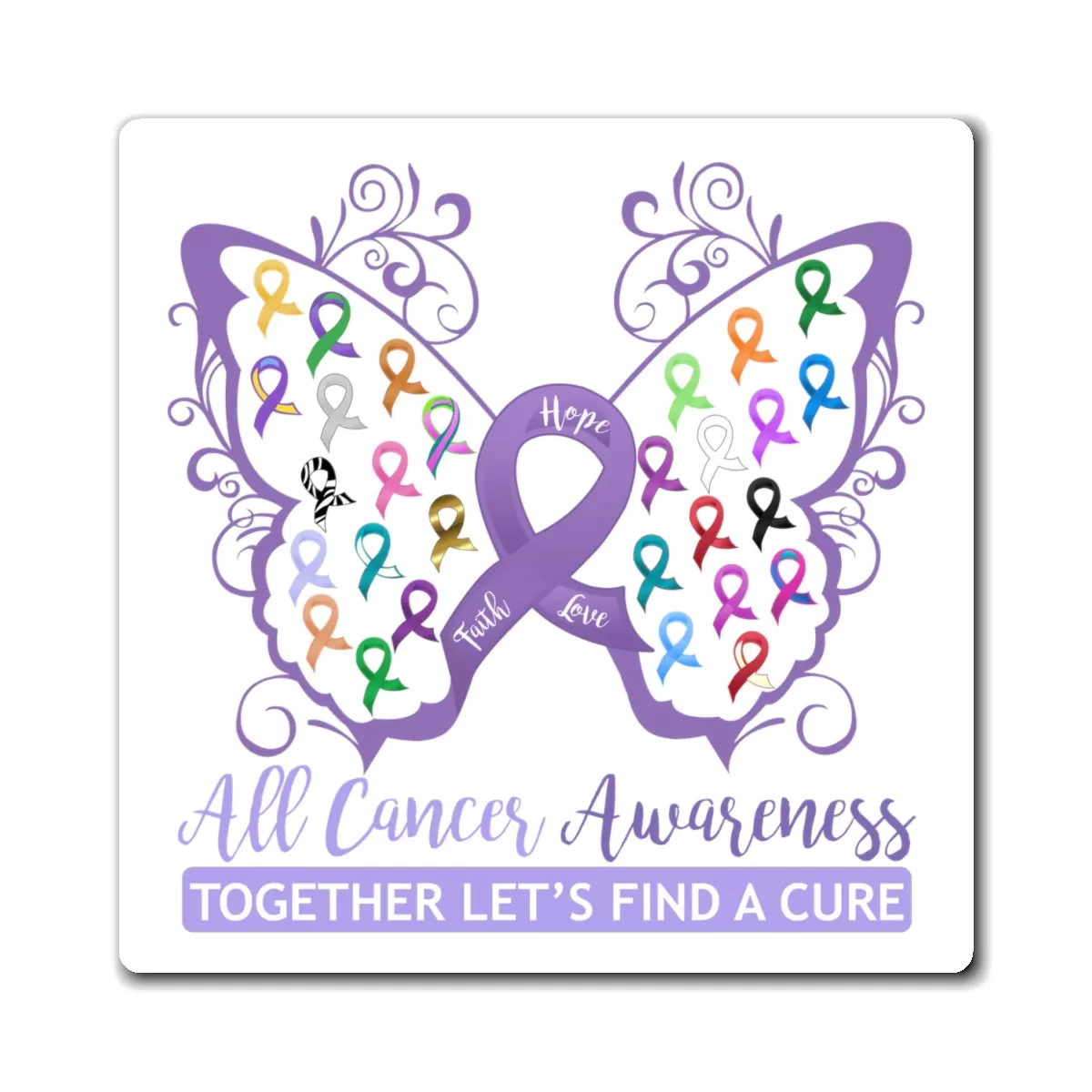 All Cancer Awareness Filigree Butterfly Magnet (White Background) (3 Sizes Available)