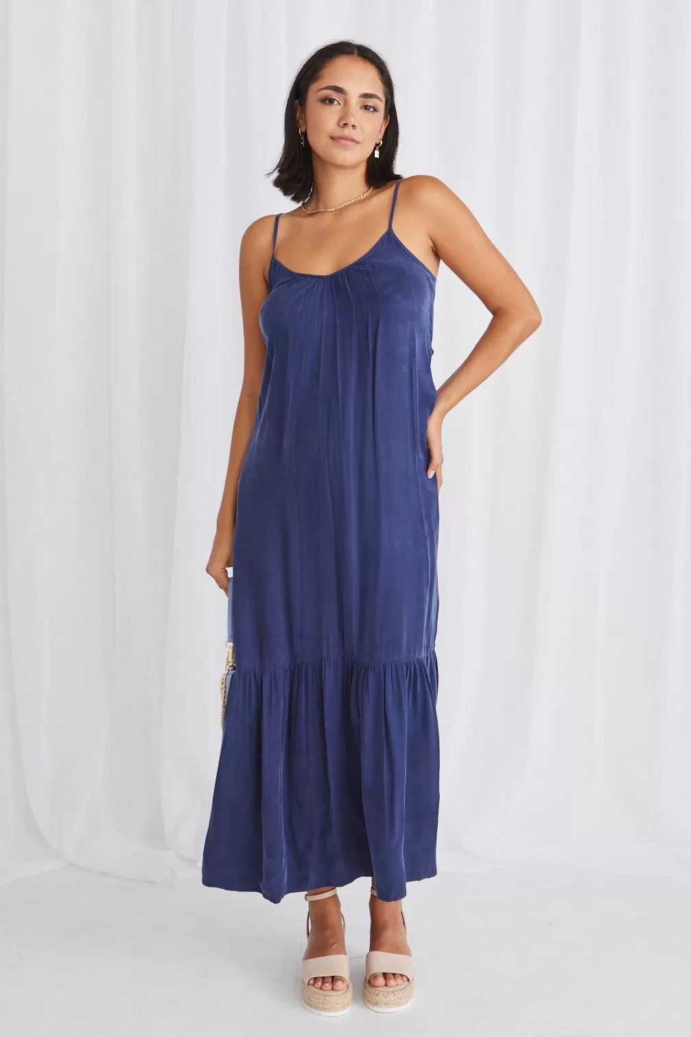 All Day Blue Cupro Strappy Tiered Empire Midi Dress