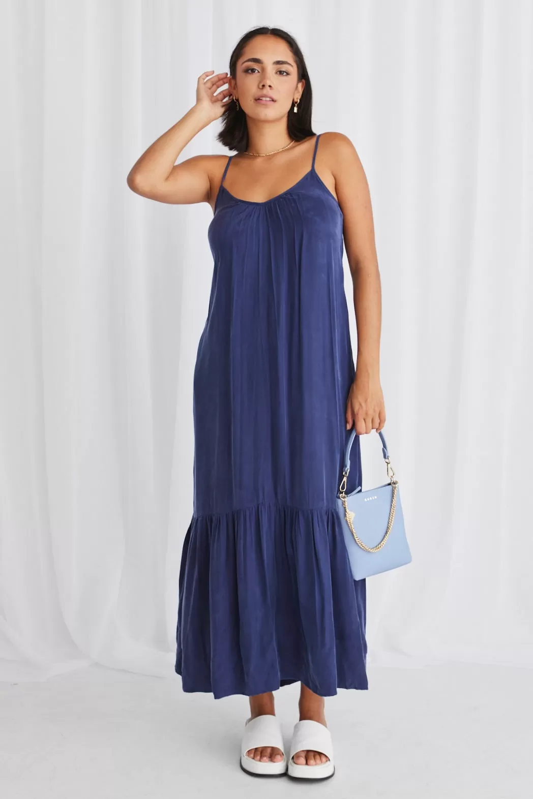 All Day Blue Cupro Strappy Tiered Empire Midi Dress