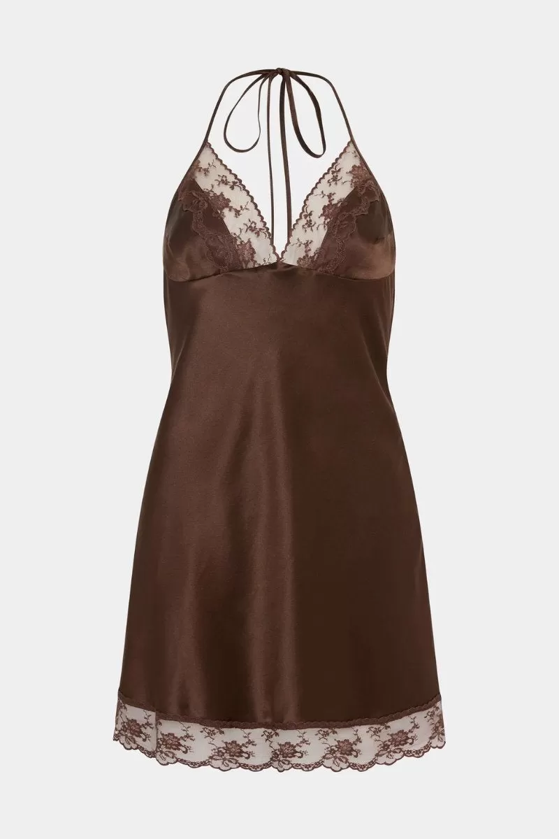 ARIES HALTER MINI DRESS-CHOCOLATE