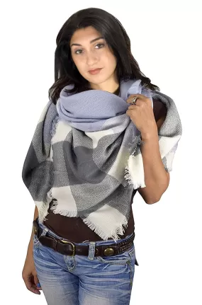 Baby Blue Gray Multicolor Tartan Plaid Oversized Blanket Scarf Shawl Wrap Poncho