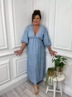 Balloon Sleeve Leopard Maxi Dress - Light Denim