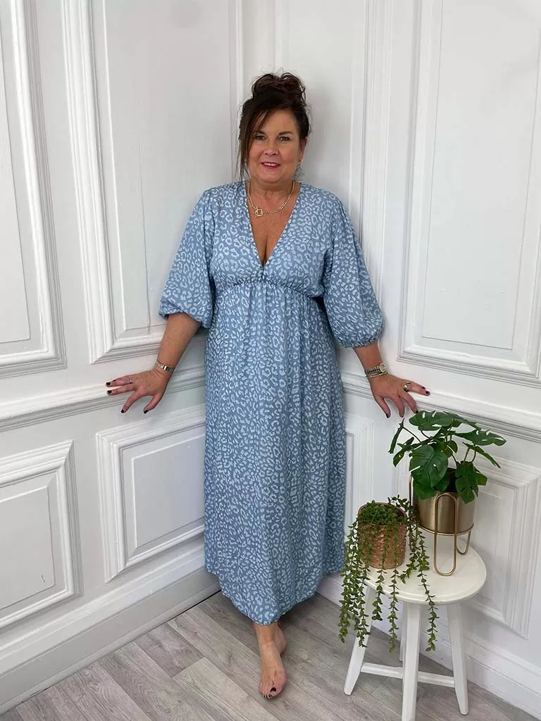 Balloon Sleeve Leopard Maxi Dress - Light Denim