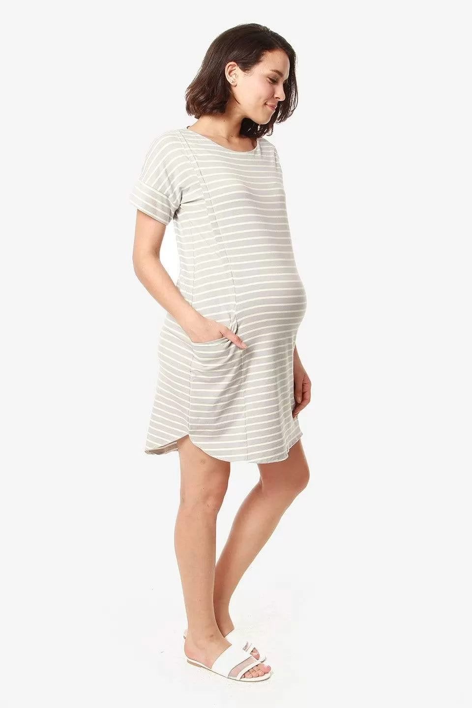 Batwing Sleeves Cambrie Nursing Dress Grey Stripes