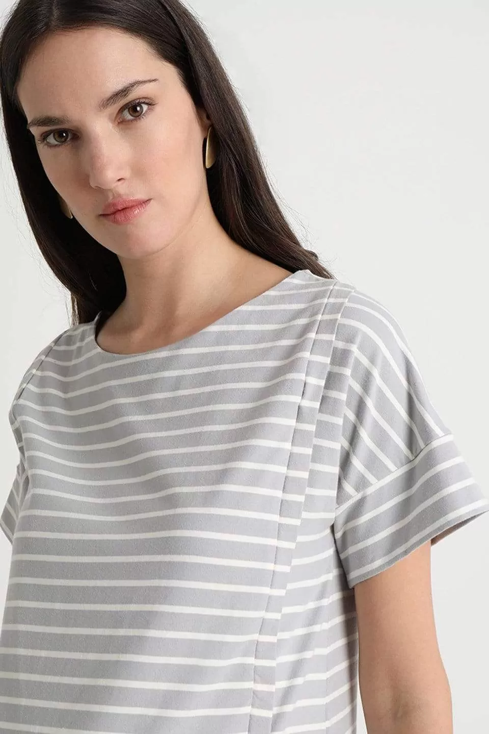 Batwing Sleeves Cambrie Nursing Dress Grey Stripes