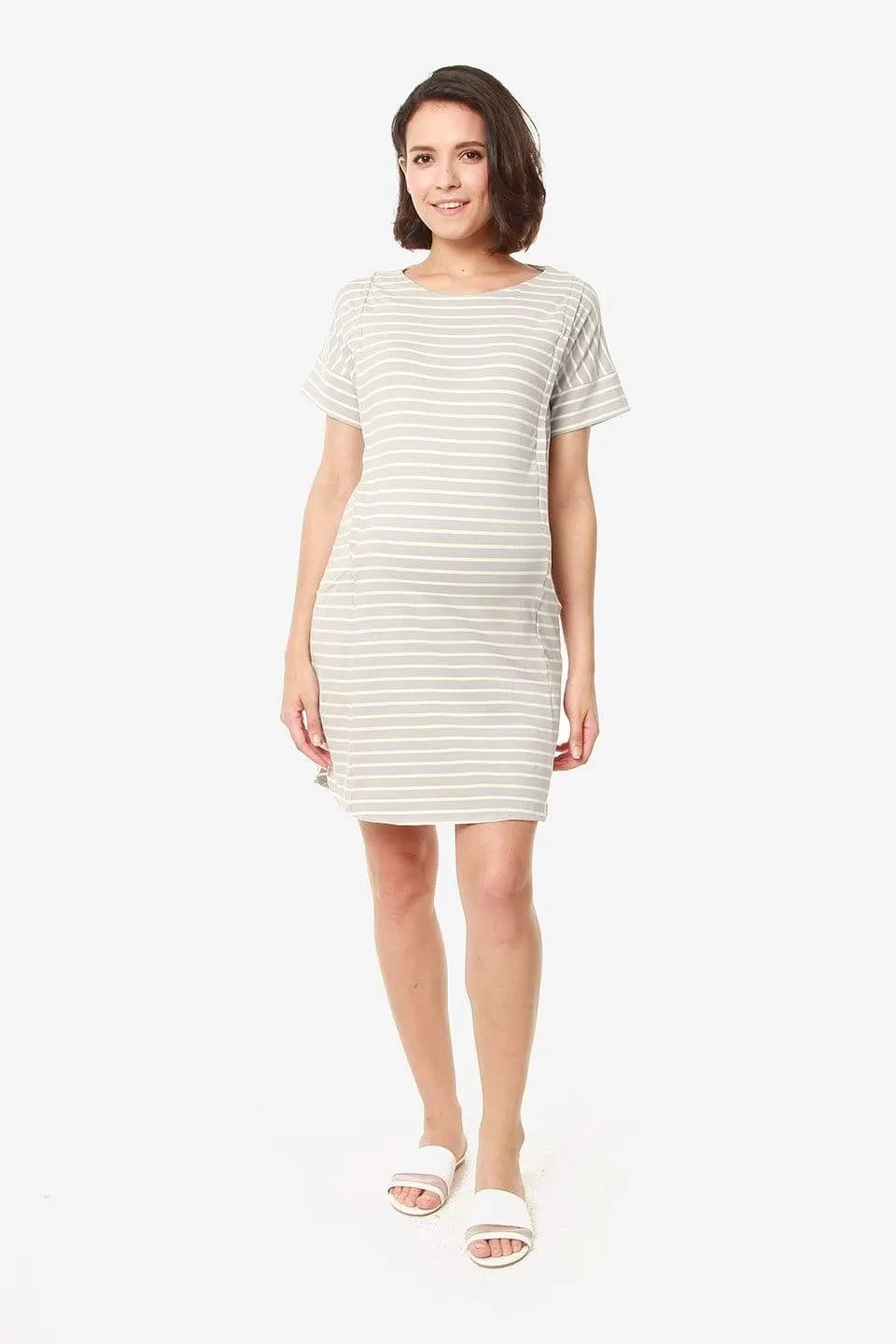 Batwing Sleeves Cambrie Nursing Dress Grey Stripes