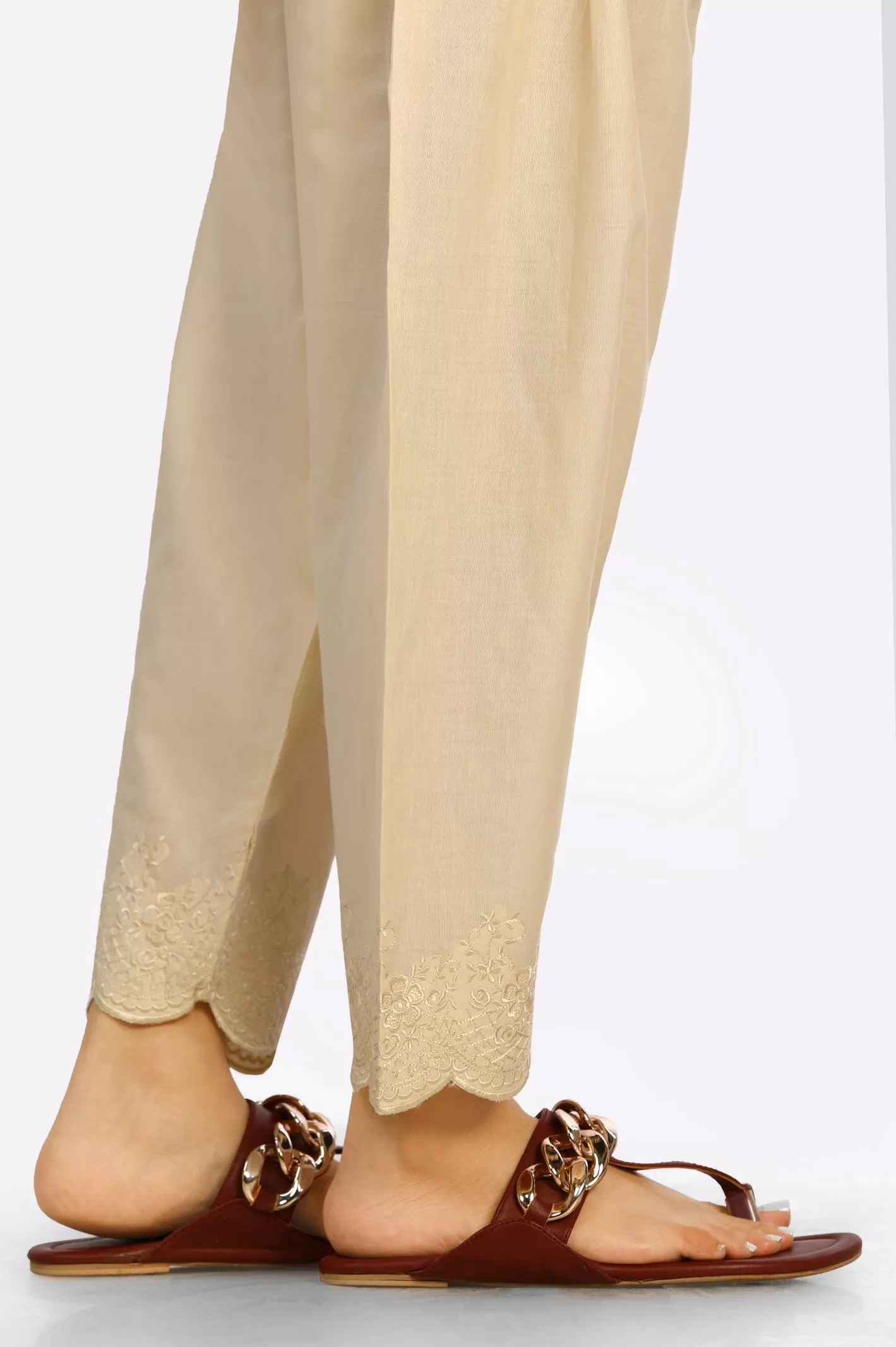 Beige Embroidered Trouser