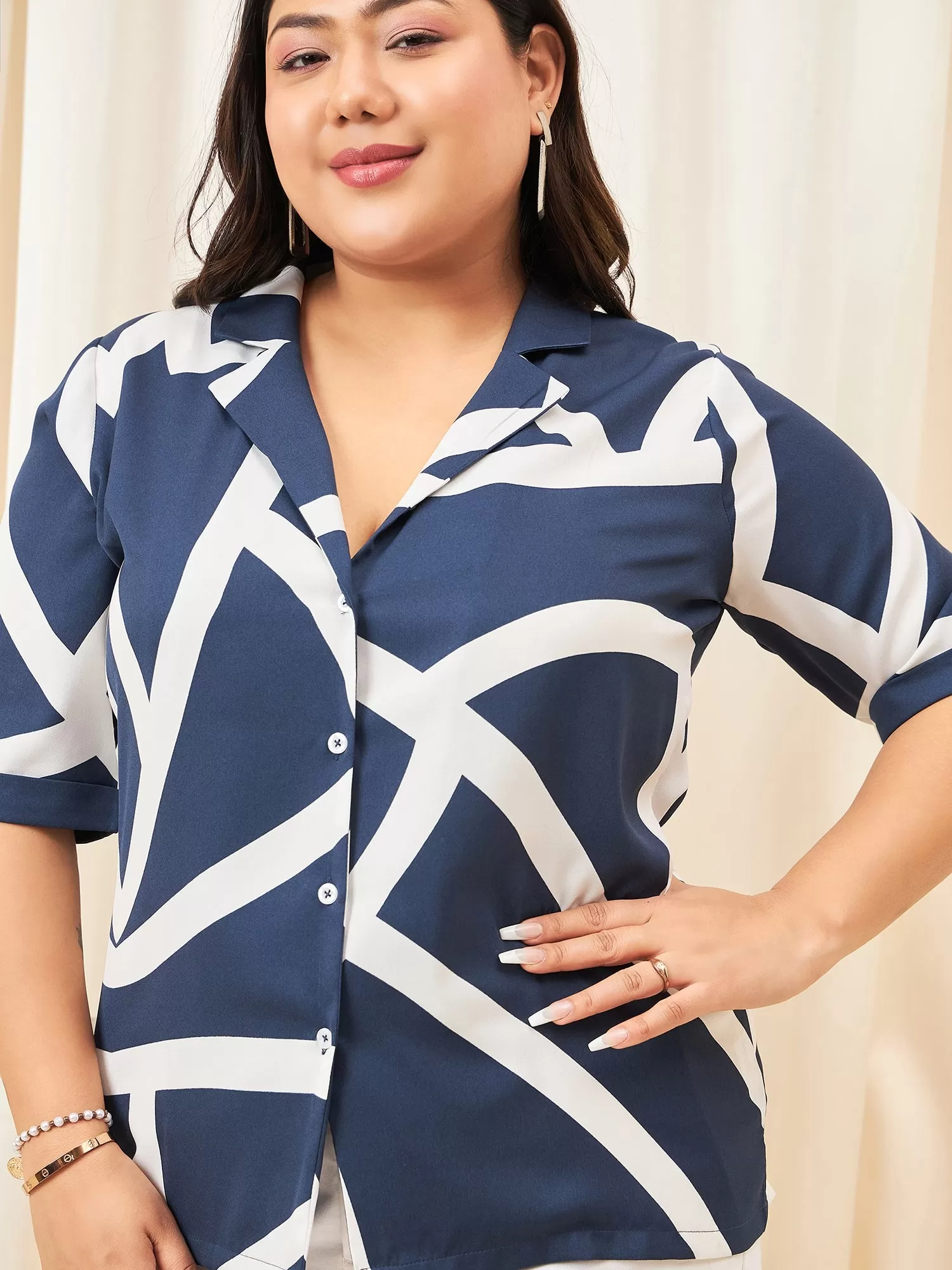 Berrylush Curve Women Navy Blue & White Geometrical Printed Lapel Collar Neck Front Button-Up Regular Top