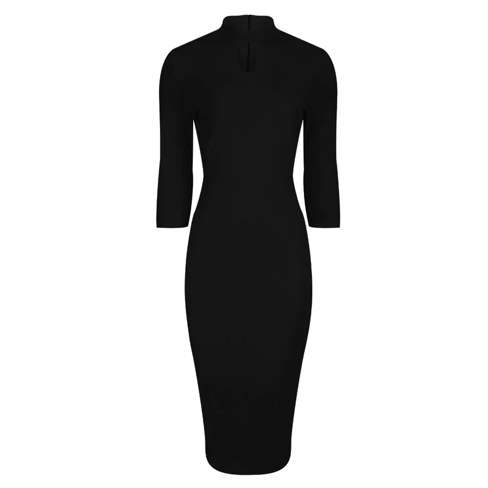 Black High Neck 3/4 Sleeve Choker Bodycon Pencil Dress