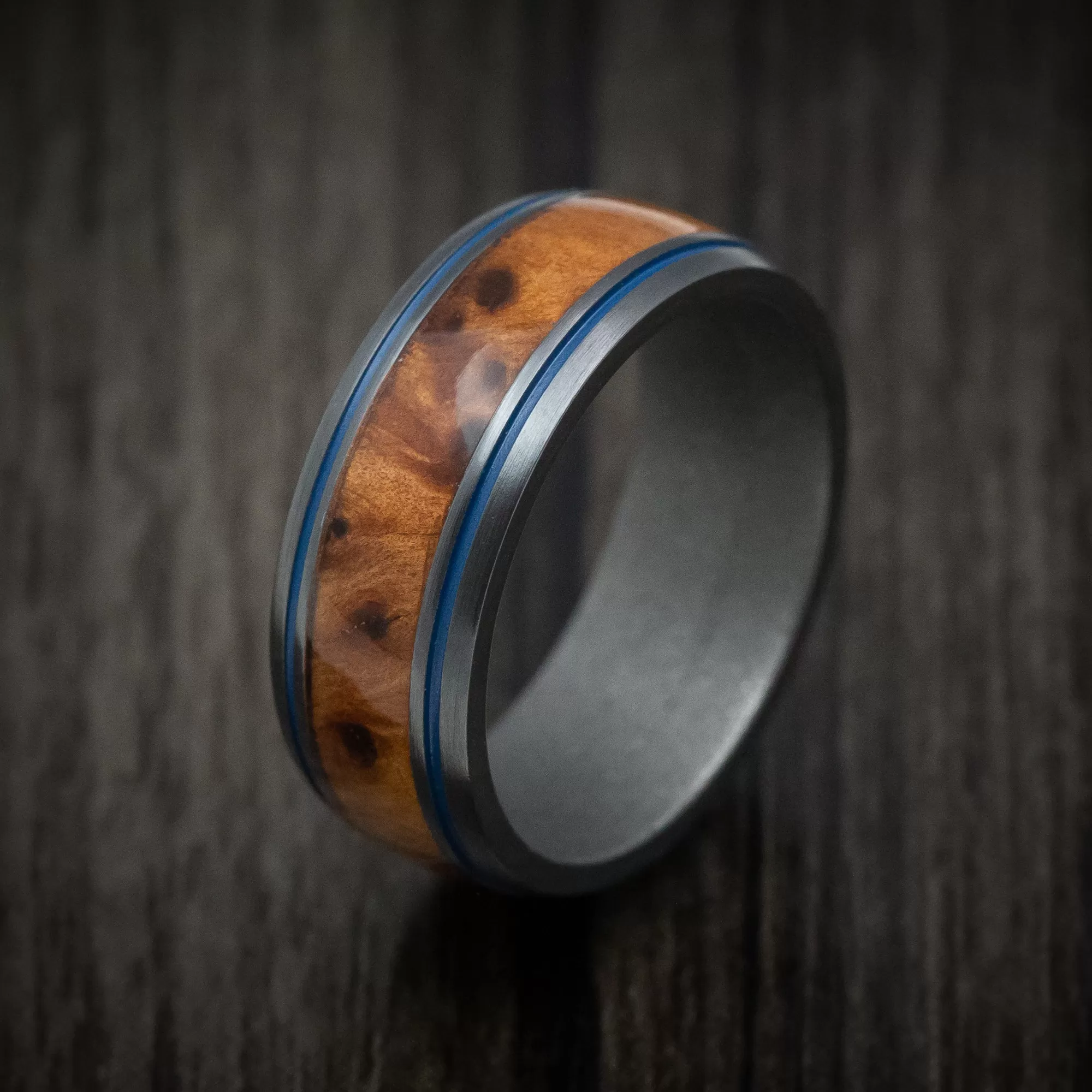 Black Titanium and Hardwood Men's Ring with Cerakote Inlays and Sleeve Custom Made