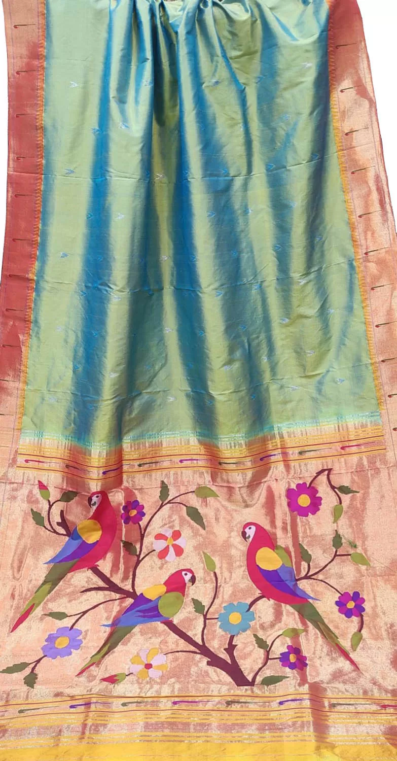 Blue & Green Shot Paithani Silk Saree with Muniya Border