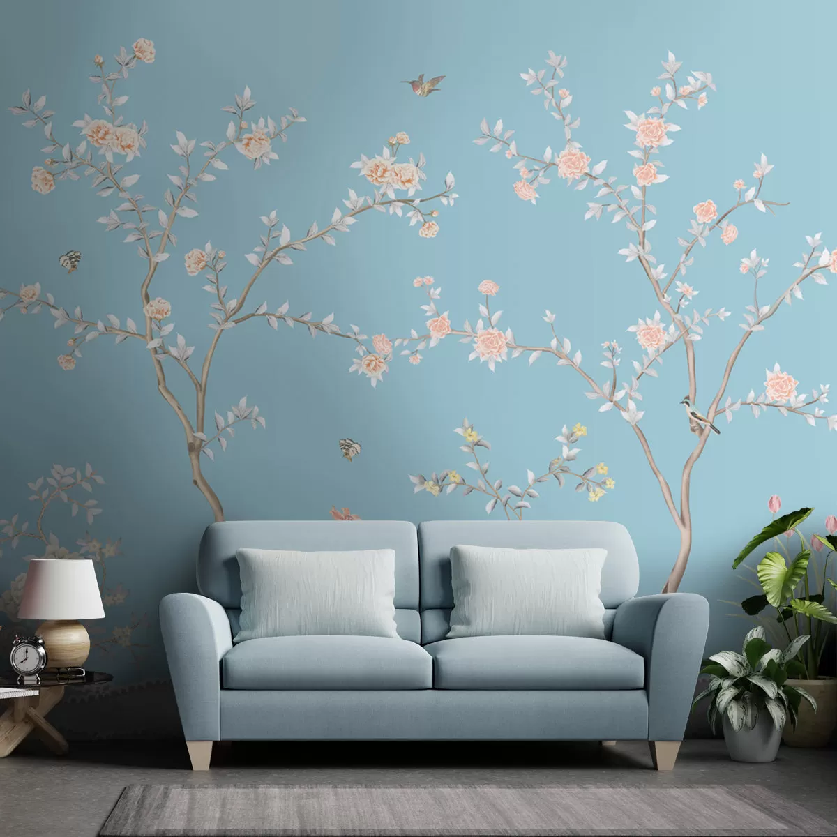 Blue Chinoiserie Wallpaper, Flowers & Birds, Customised