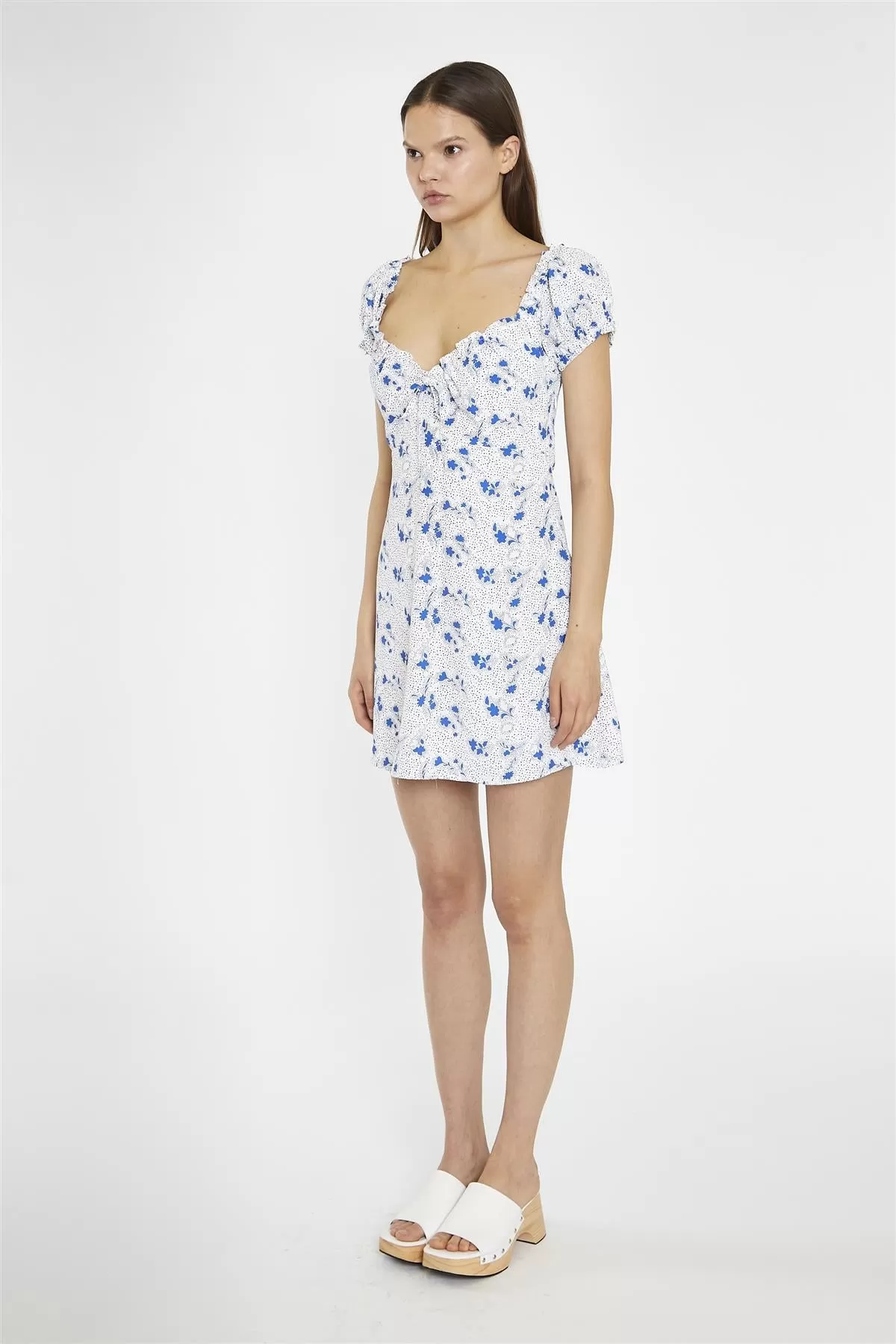 Blue-Dot Vintage-Floral Gathered Neckline Mini-Dress