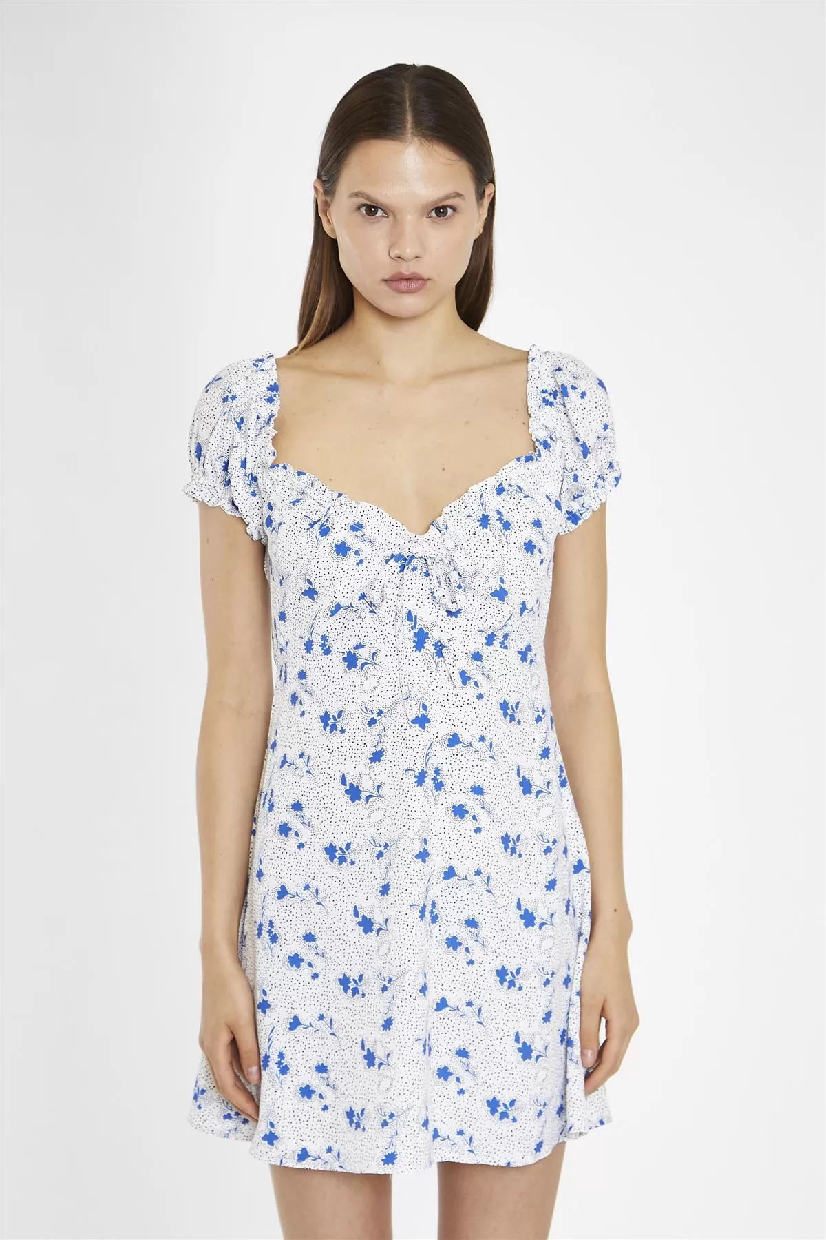 Blue-Dot Vintage-Floral Gathered Neckline Mini-Dress