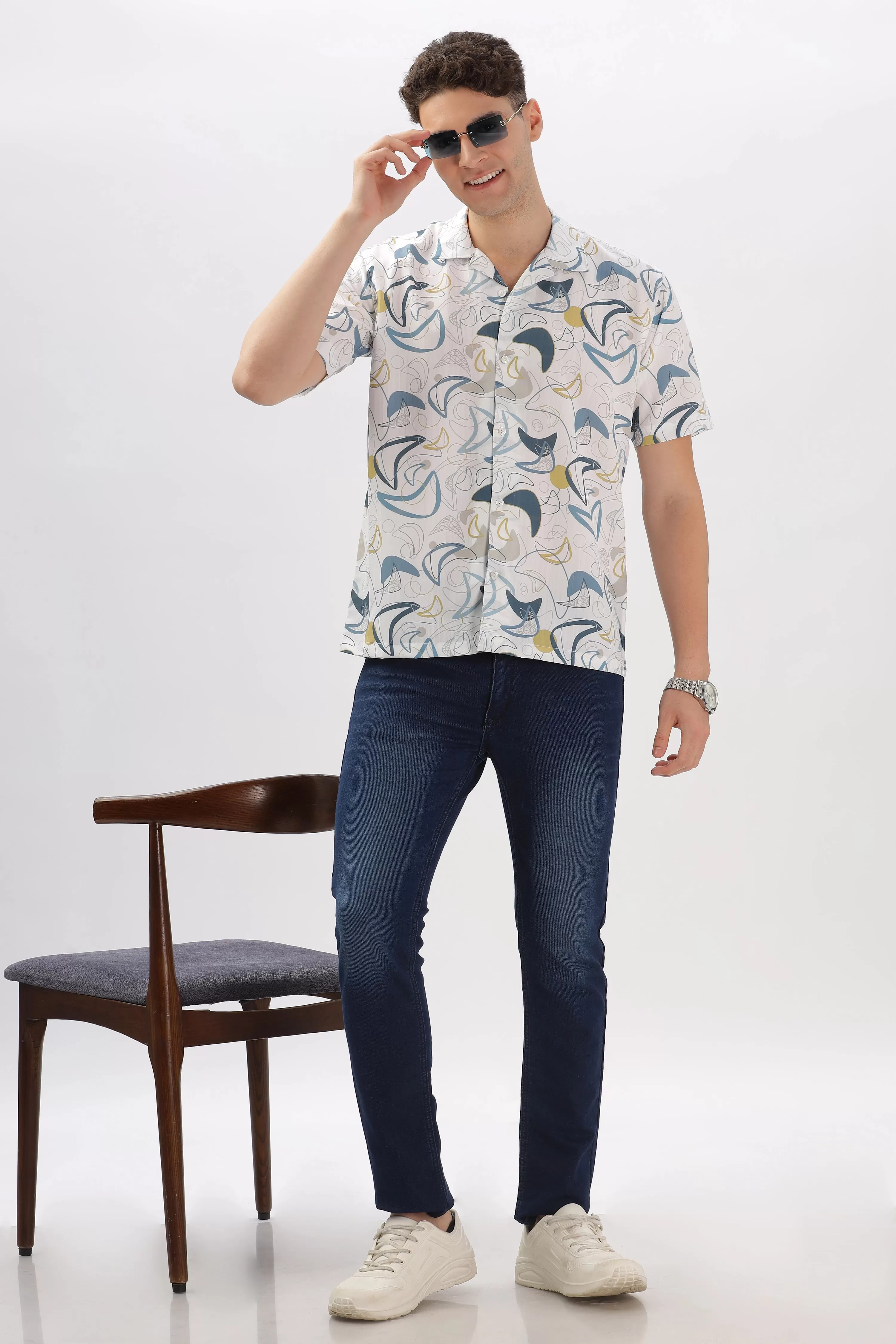 Blue geomatric printed popcorn shirt