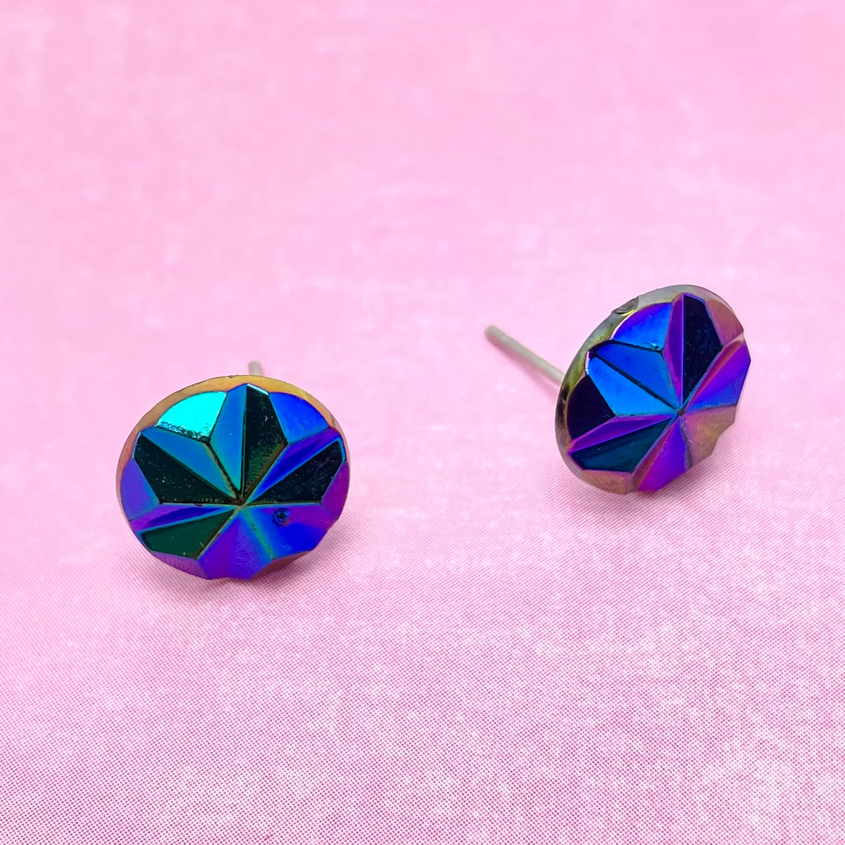 Blue Iris Pinwheel Retro Button Stud Earrings