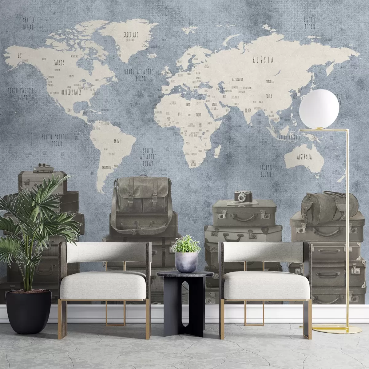 Blue Travel Theme World Map Customised Wallpaper