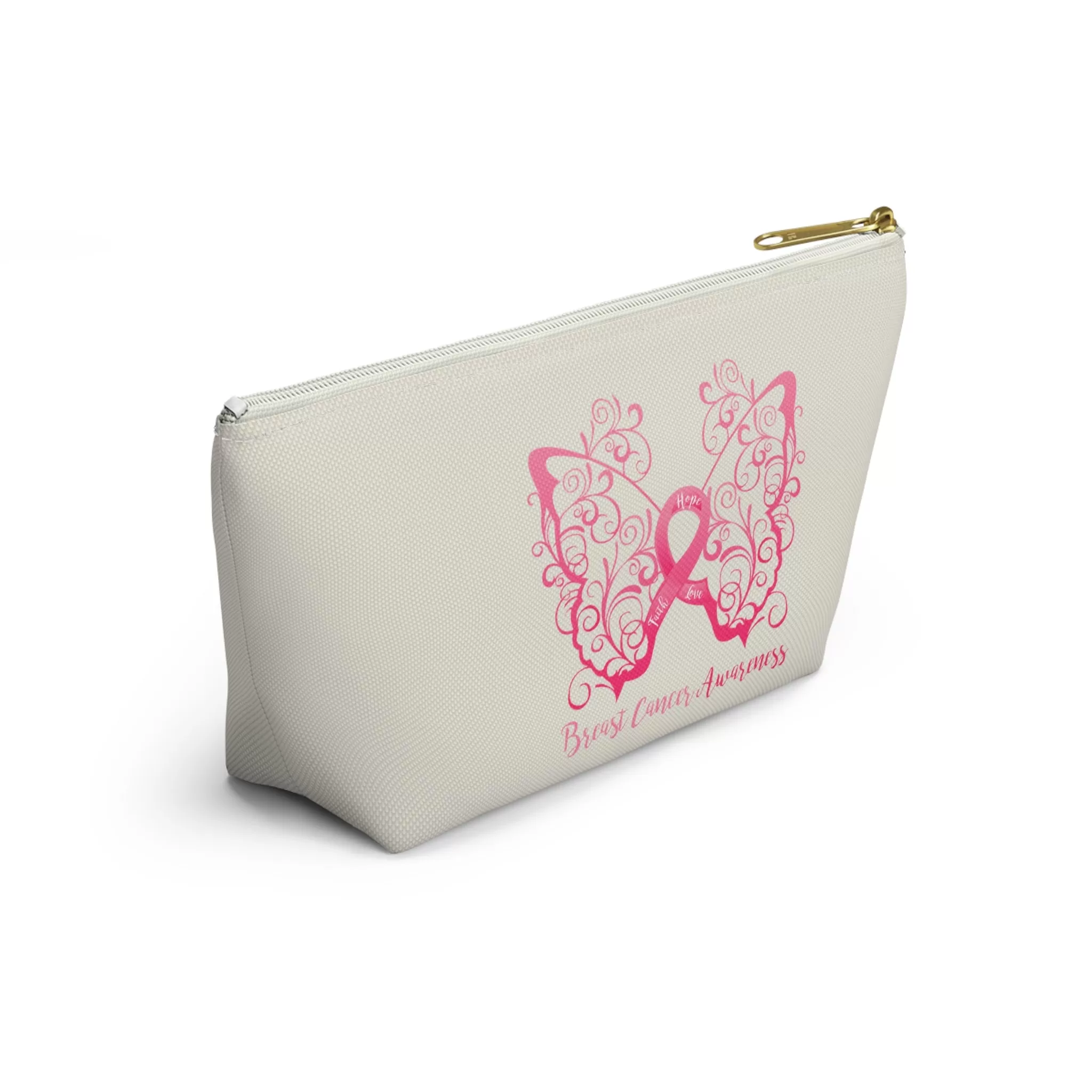 Breast Cancer Awareness Filigree Butterfly Small "Natural" T-Bottom Accessory Pouch (Dual-Sided Design)