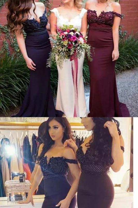 Burgundy Off Shoulder Mermaid Bridesmaid Dress