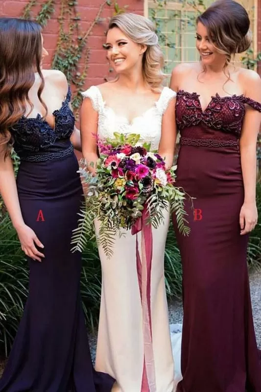 Burgundy Off Shoulder Mermaid Bridesmaid Dress