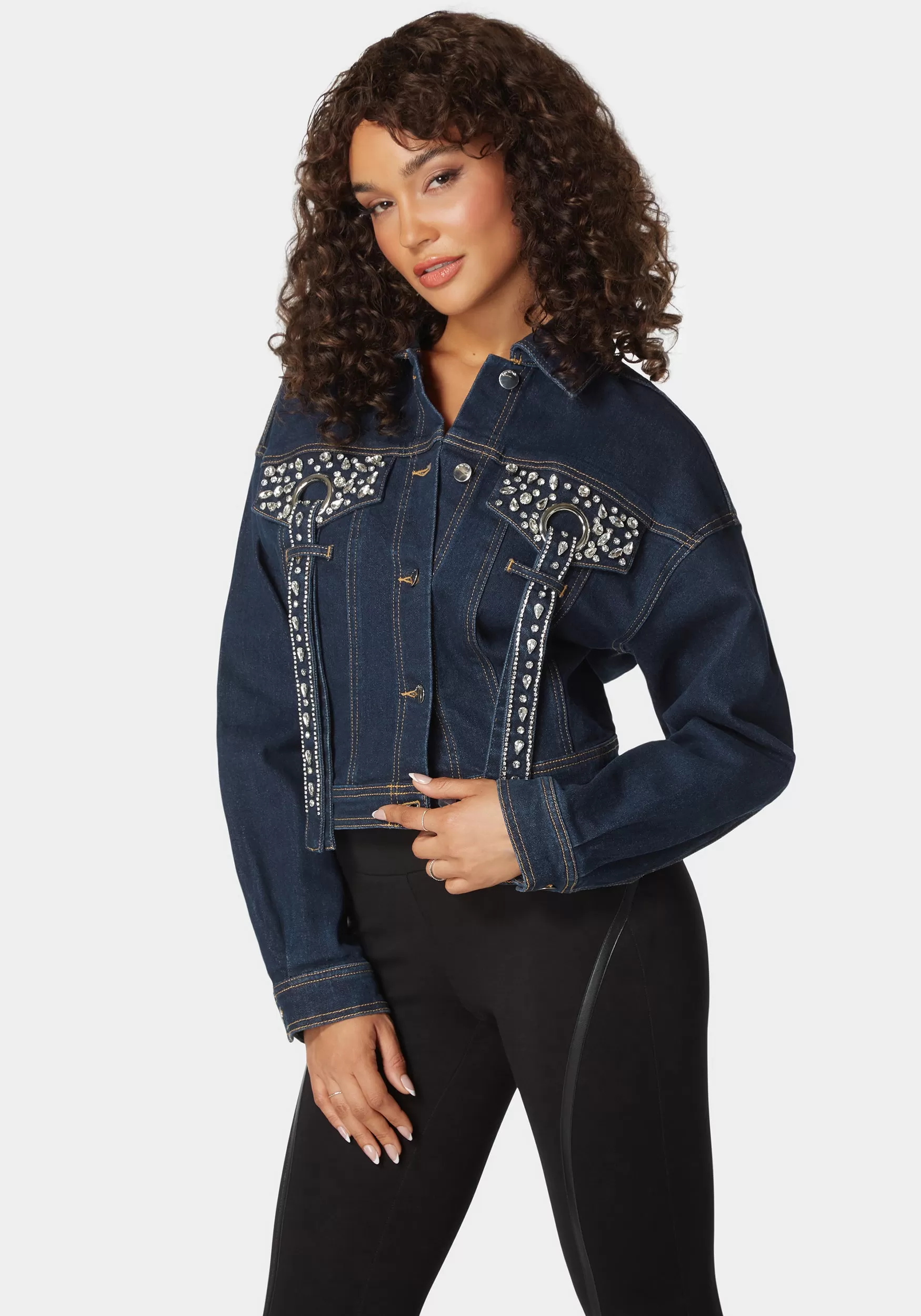 Button Front Stud Detail Denim Jacket