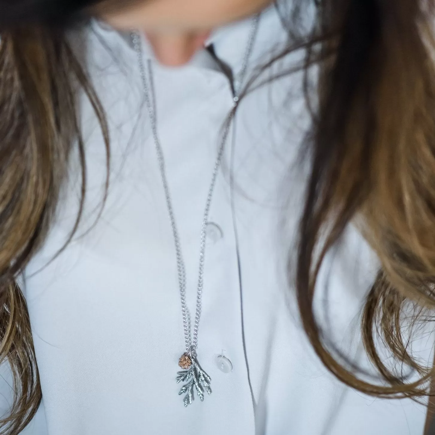 Cedar Sterling Silver Necklace & Sweet Rose Gold Pinecone ~ Woodland Jewelry