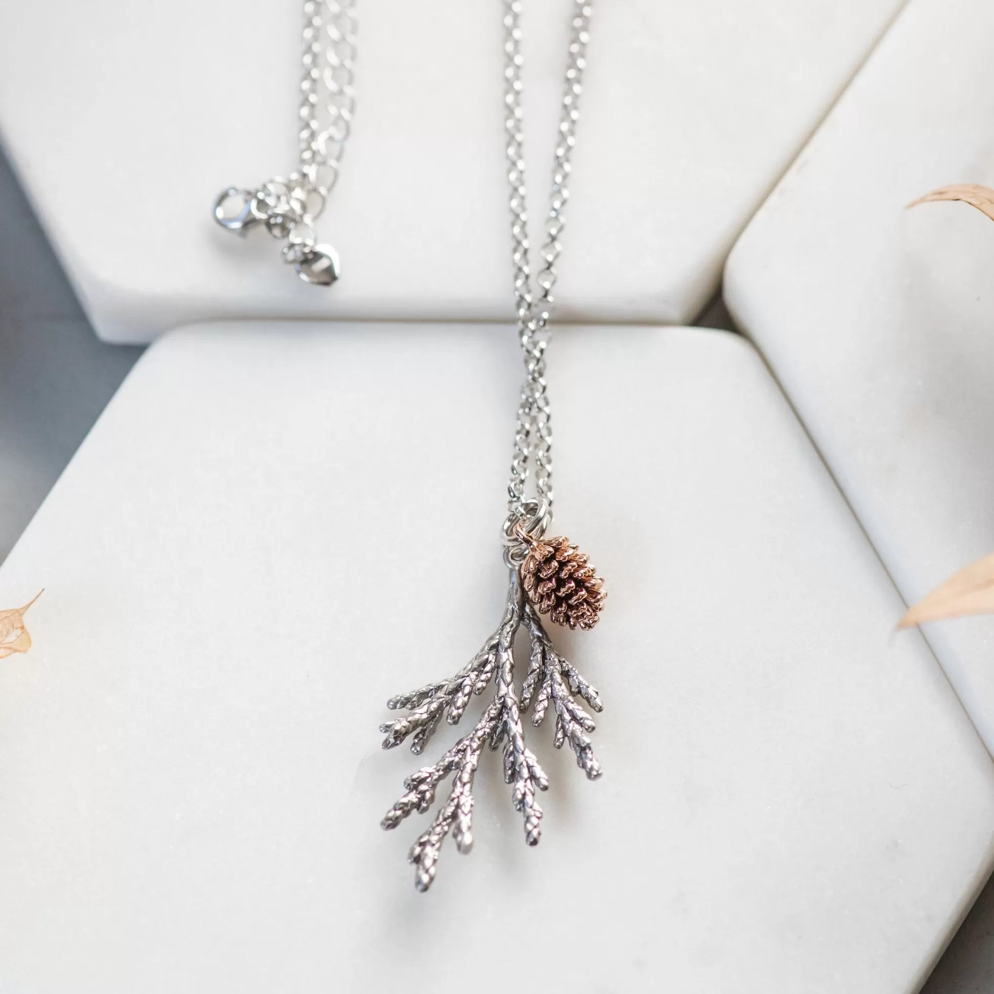 Cedar Sterling Silver Necklace & Sweet Rose Gold Pinecone ~ Woodland Jewelry