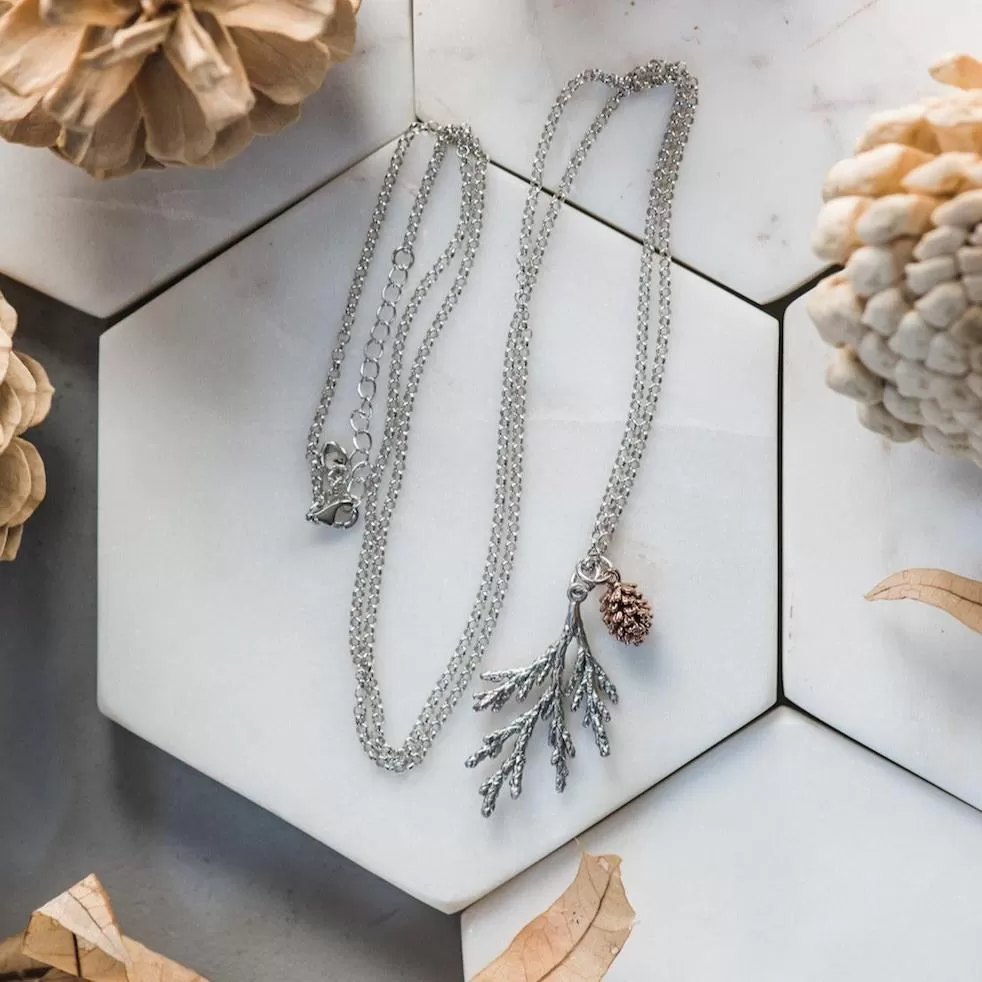 Cedar Sterling Silver Necklace & Sweet Rose Gold Pinecone ~ Woodland Jewelry