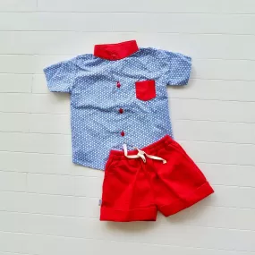 Cedar Top & Shorts in Bright Red & Tiny Hexagon