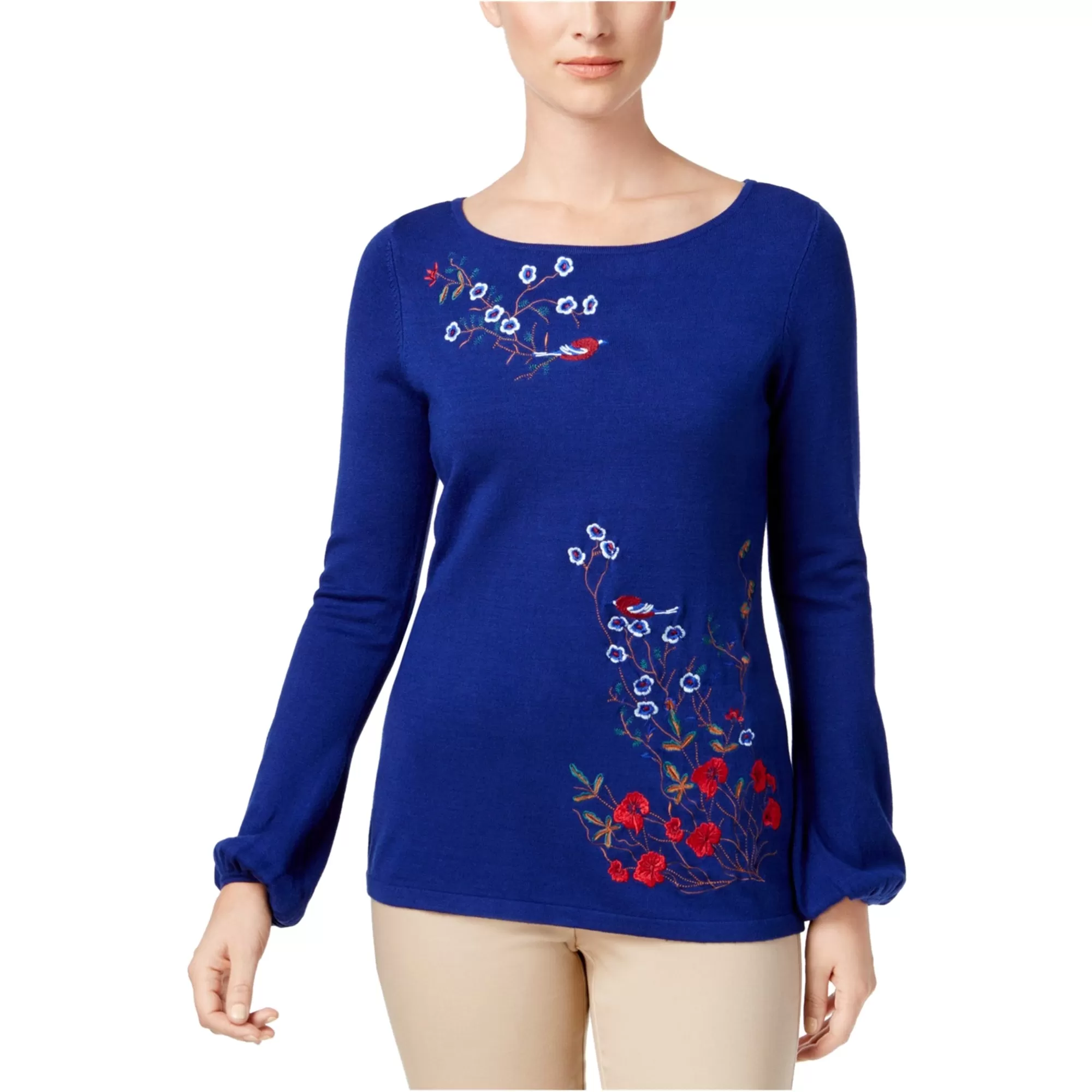 Charter Club Women's Embroidered Knit Long Sleeves Top, Blue, L