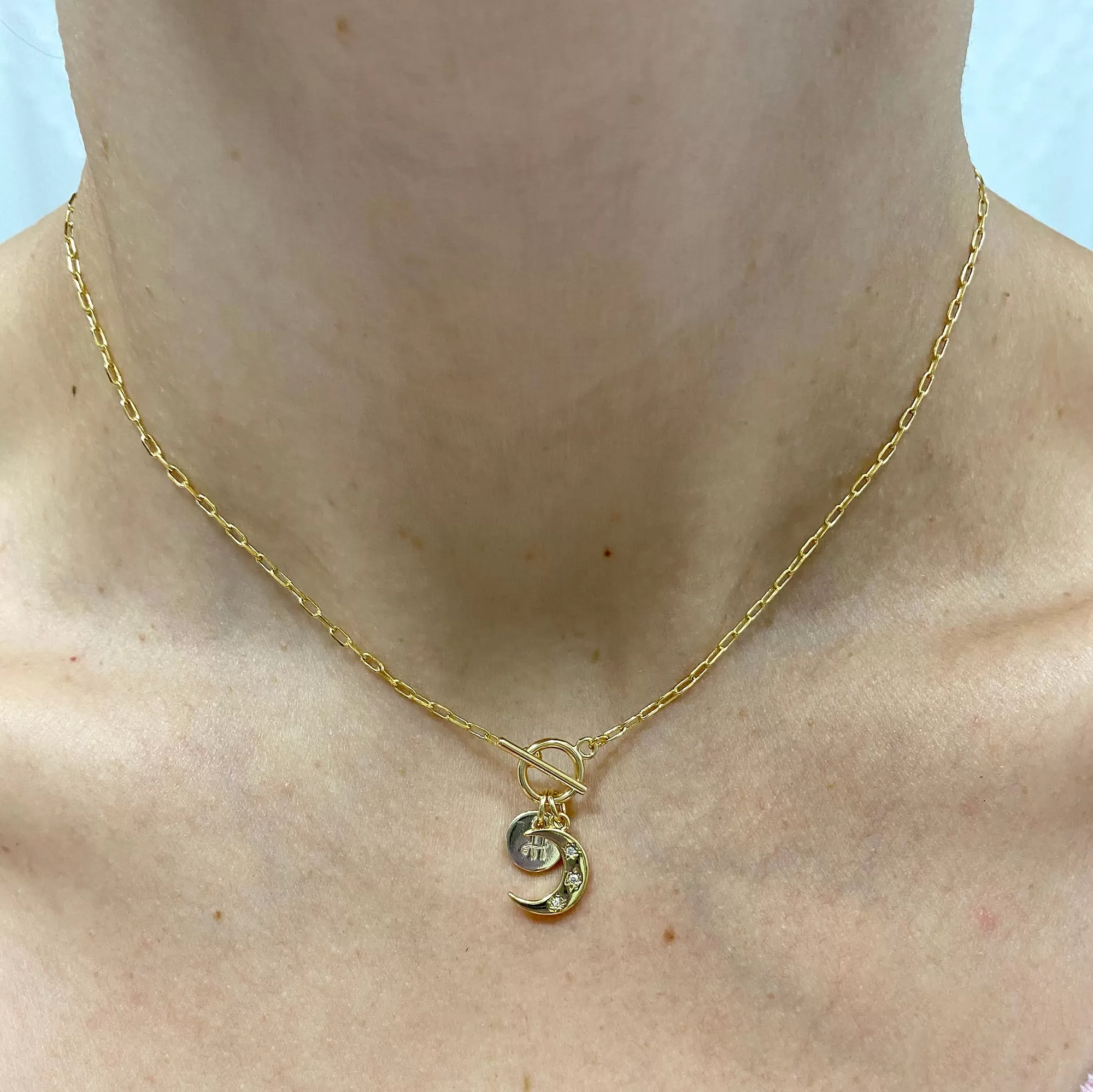 Dainty Crescent Initial Toggle Necklace