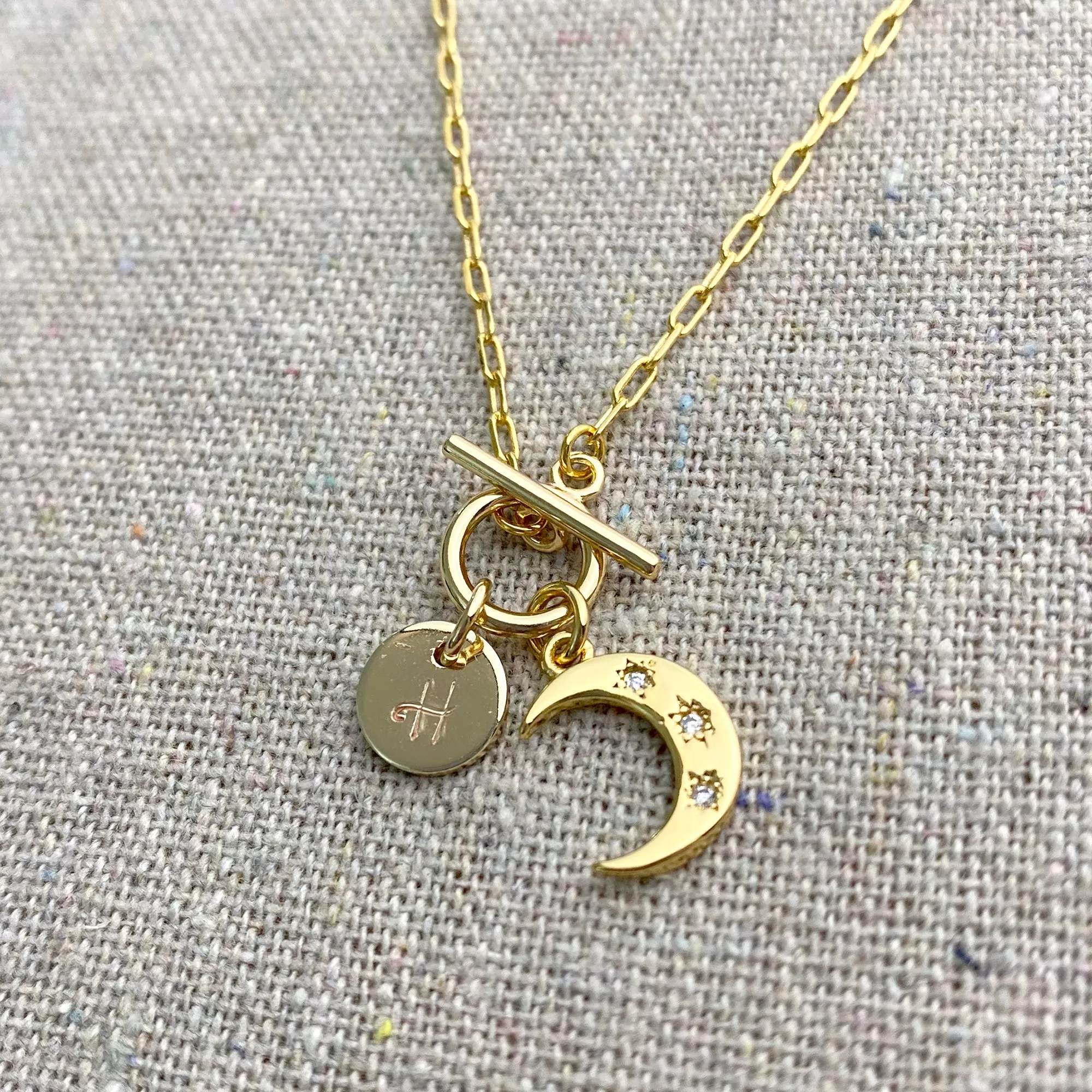 Dainty Crescent Initial Toggle Necklace