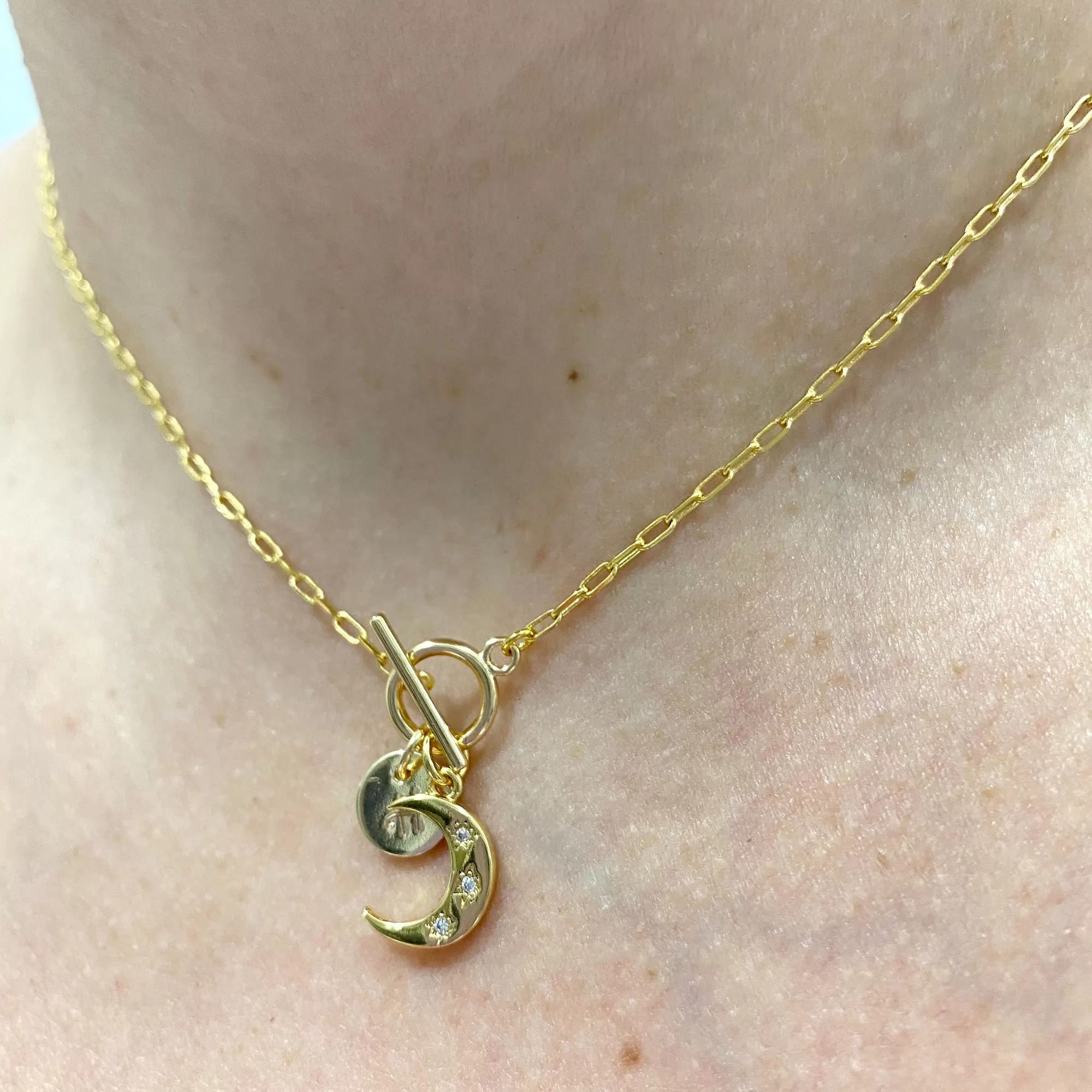 Dainty Crescent Initial Toggle Necklace