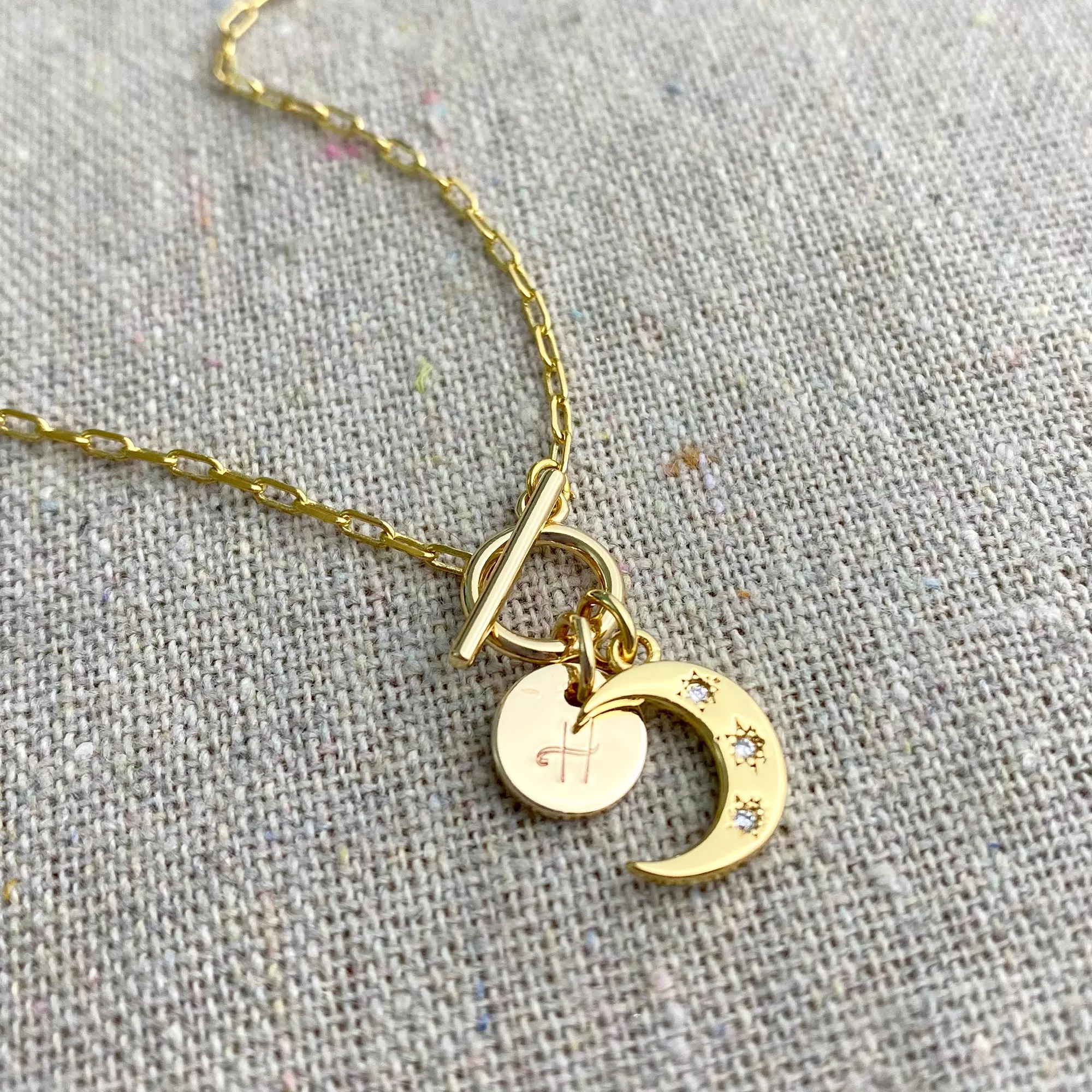 Dainty Crescent Initial Toggle Necklace