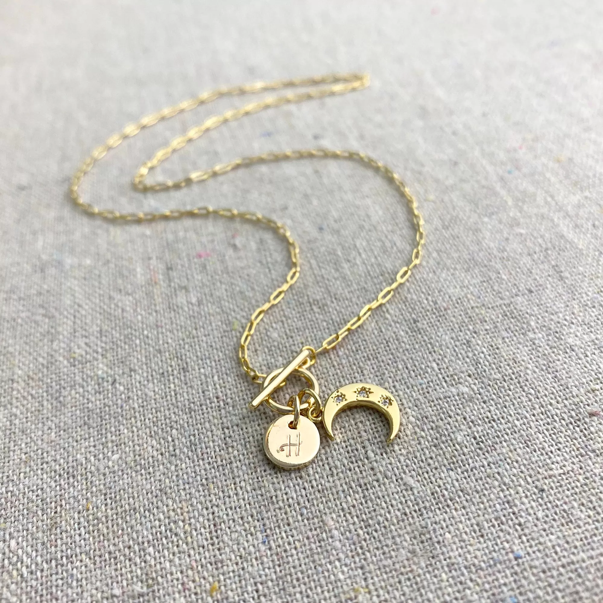 Dainty Crescent Initial Toggle Necklace