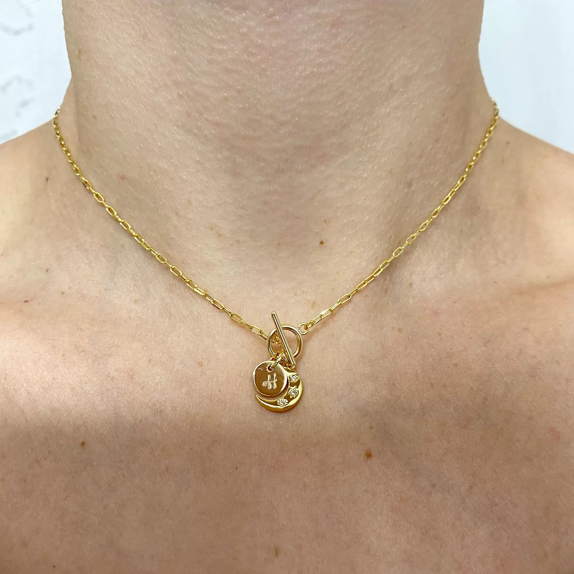 Dainty Crescent Initial Toggle Necklace