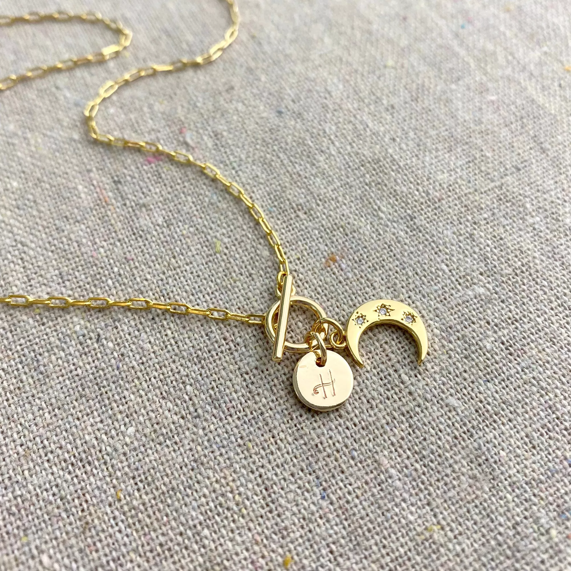 Dainty Crescent Initial Toggle Necklace