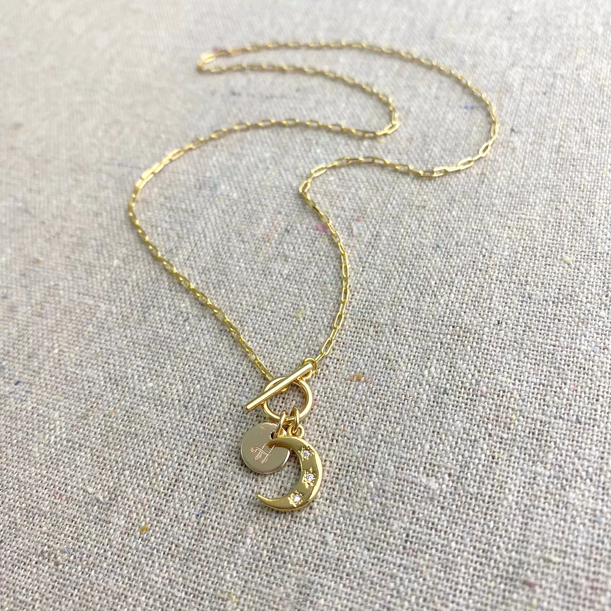 Dainty Crescent Initial Toggle Necklace