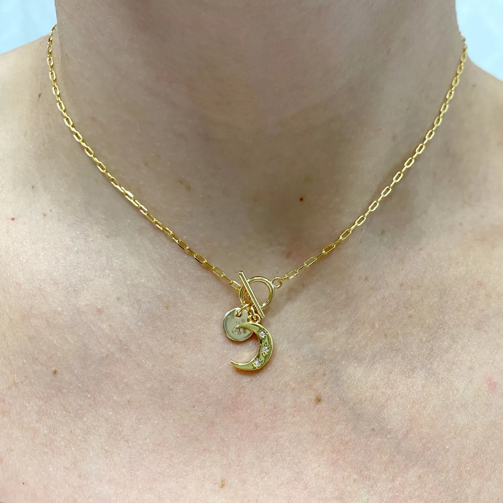 Dainty Crescent Initial Toggle Necklace