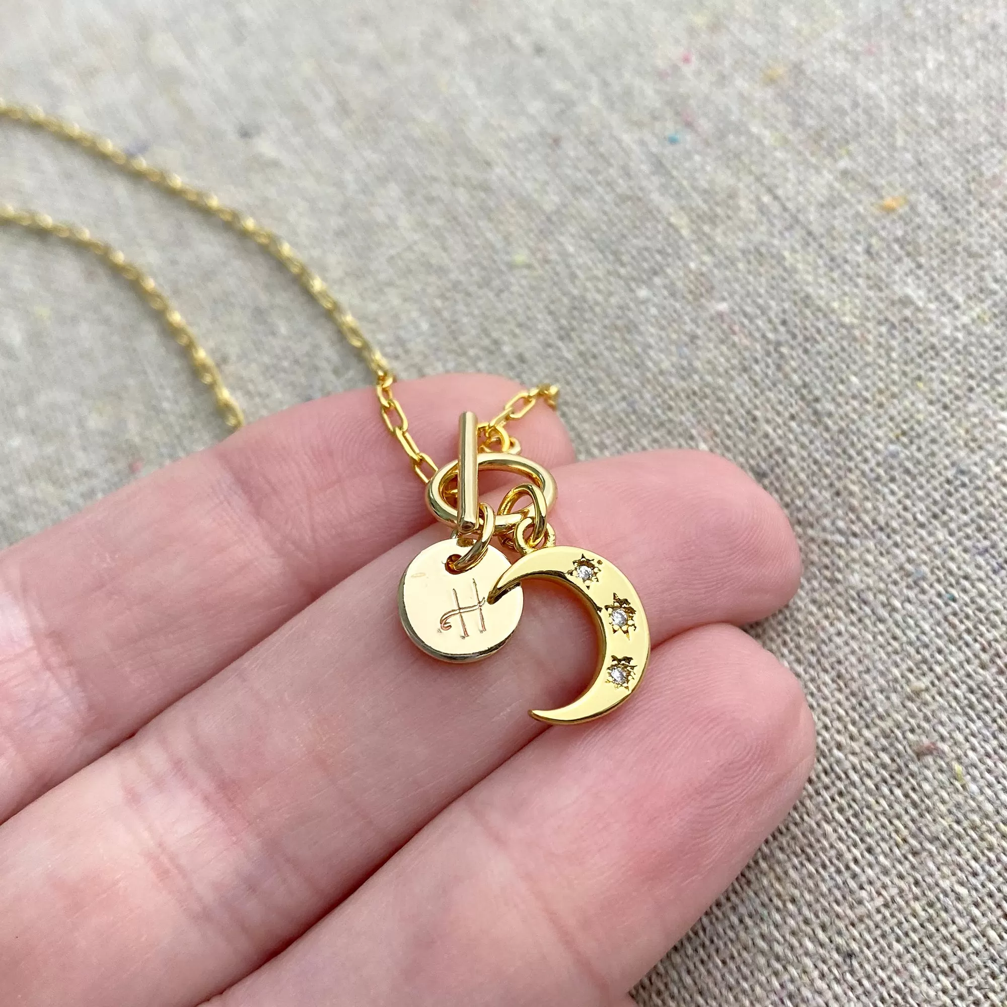 Dainty Crescent Initial Toggle Necklace