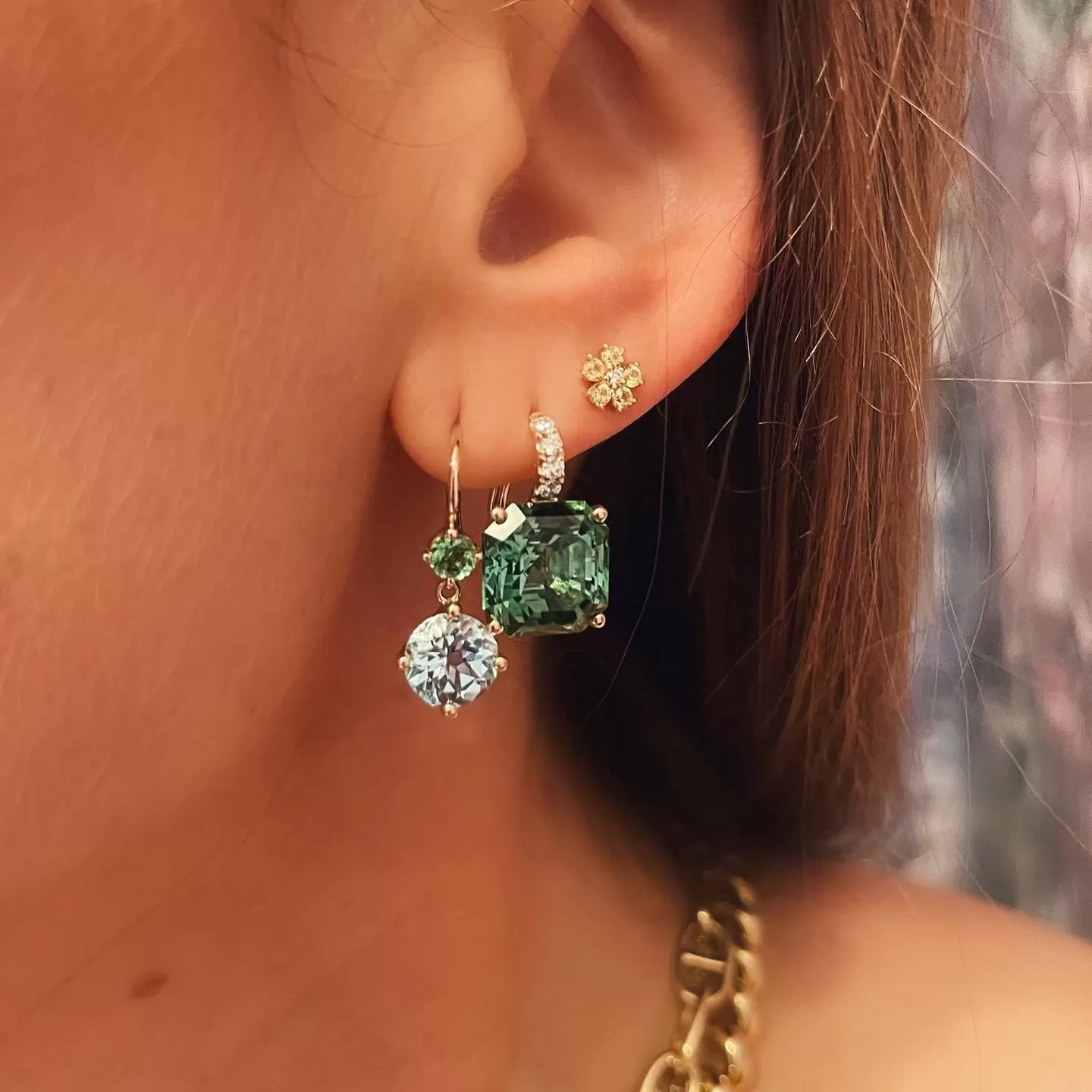 Double Drop Earrings with Blue Topaz and Green Tourmaline