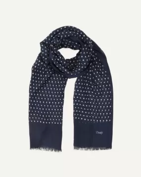 Drake's Polka Dot Print Wool Scarf / Navy