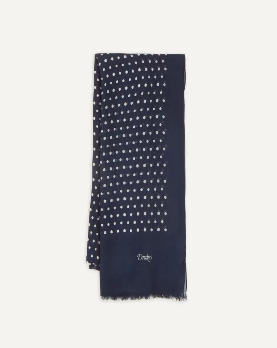 Drake's Polka Dot Print Wool Scarf / Navy